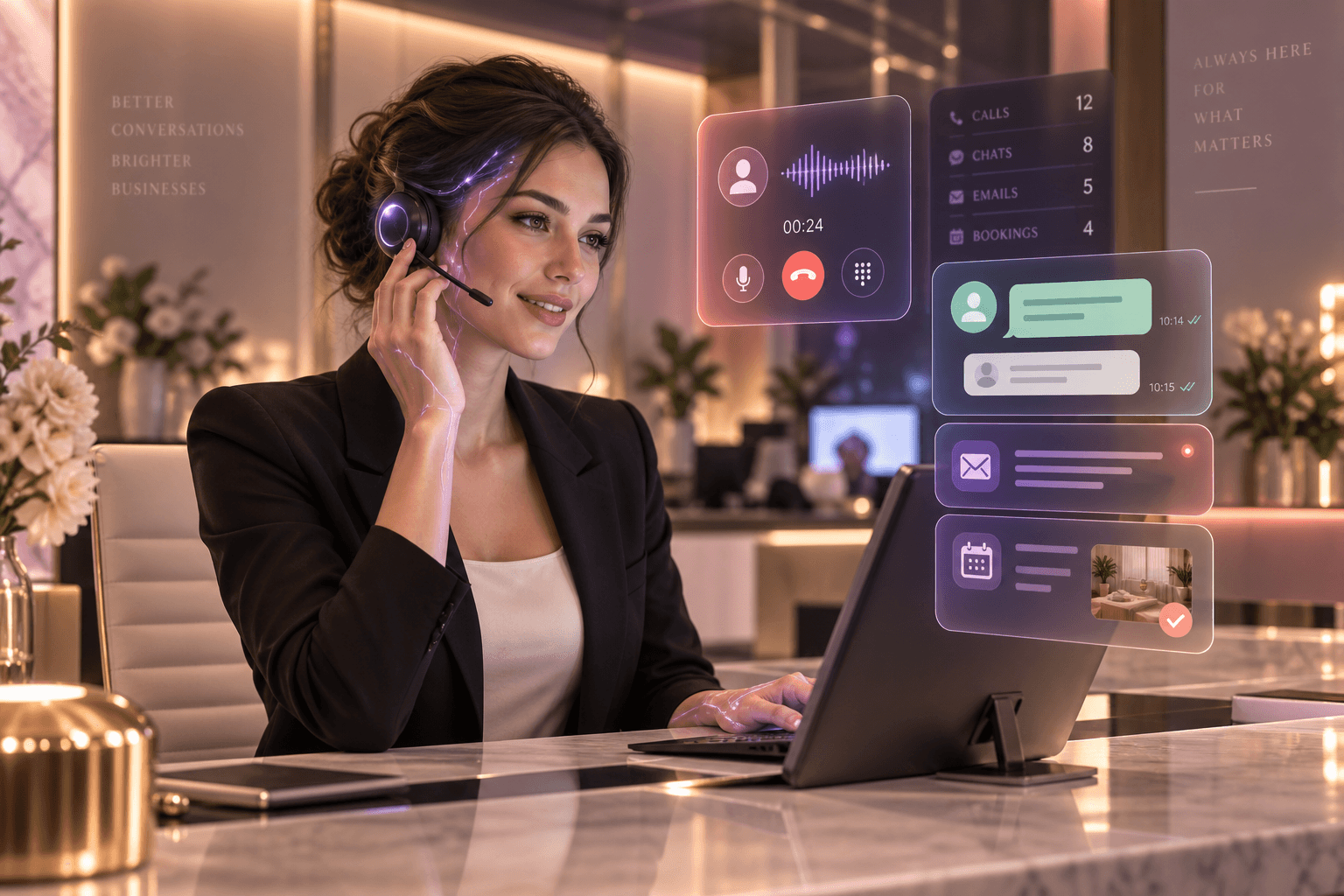 Humano-like AI front office agent respondendo a uma chamada ao lidar com mensagens de clientes e reservas